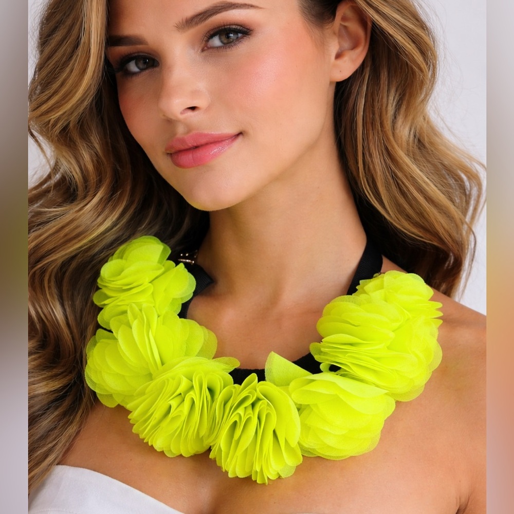 MARNI-Style Neon Floral Statement Necklace – Ribbon Tie